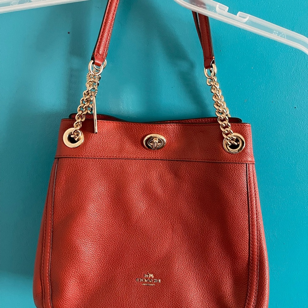 Coach Red Orange Leather Shoulder Bag with Gold Chain Accents